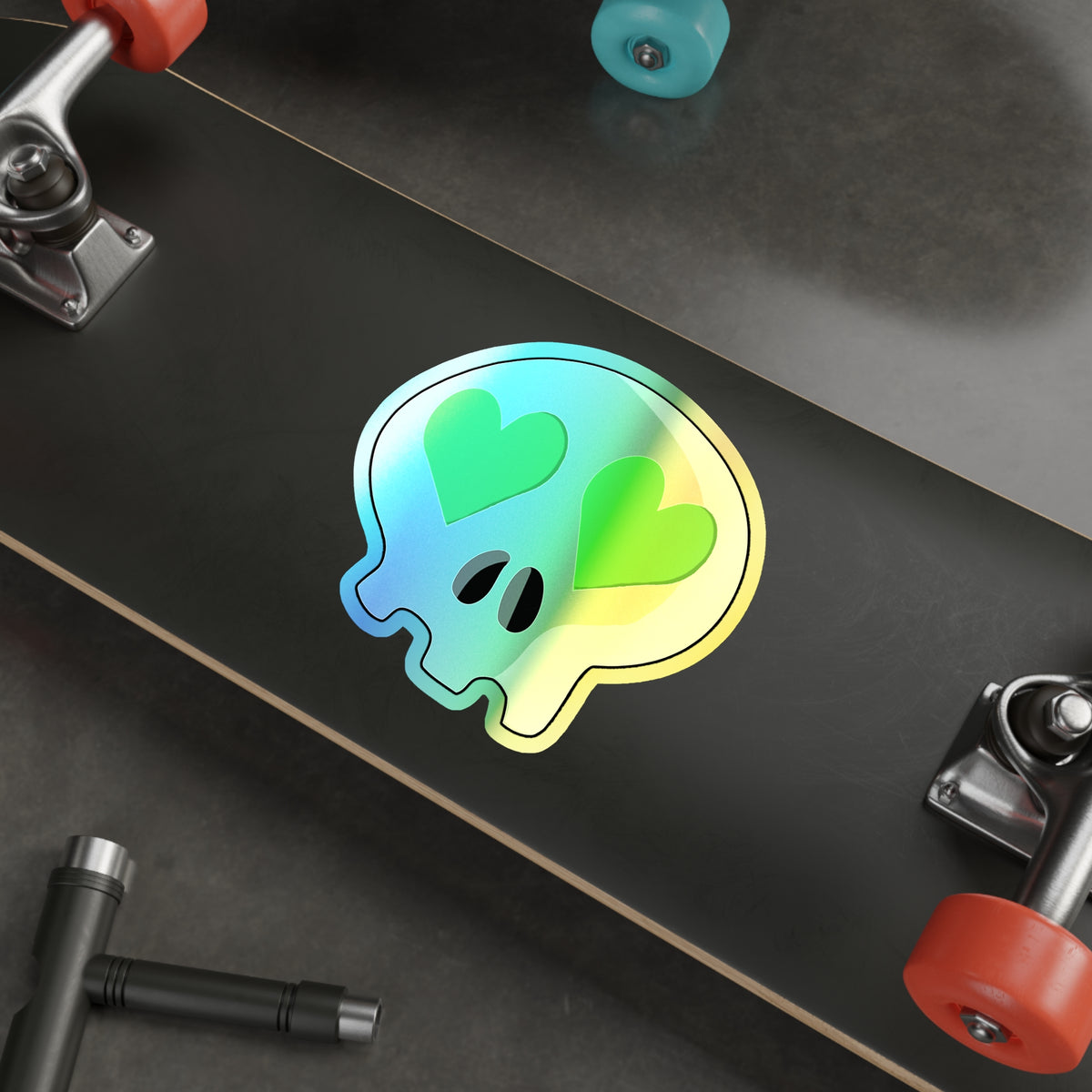 Heart-Eyes Skull Holographic Sticker (Green)