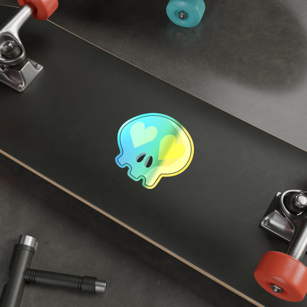 Heart-Eyes Skull Holographic Sticker (Yellow)