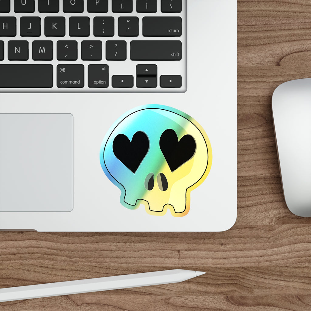Heart-Eyes Skull Holographic Sticker (Black)