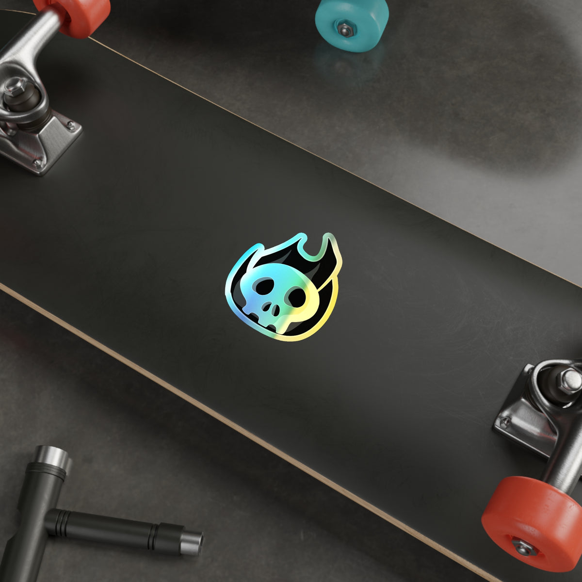 Black Fire Flaming Skull Holographic Sticker
