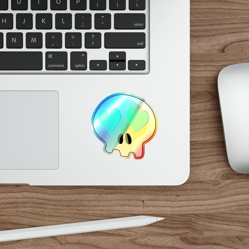 Heart-Eyes Skull Holographic Sticker (Teal)