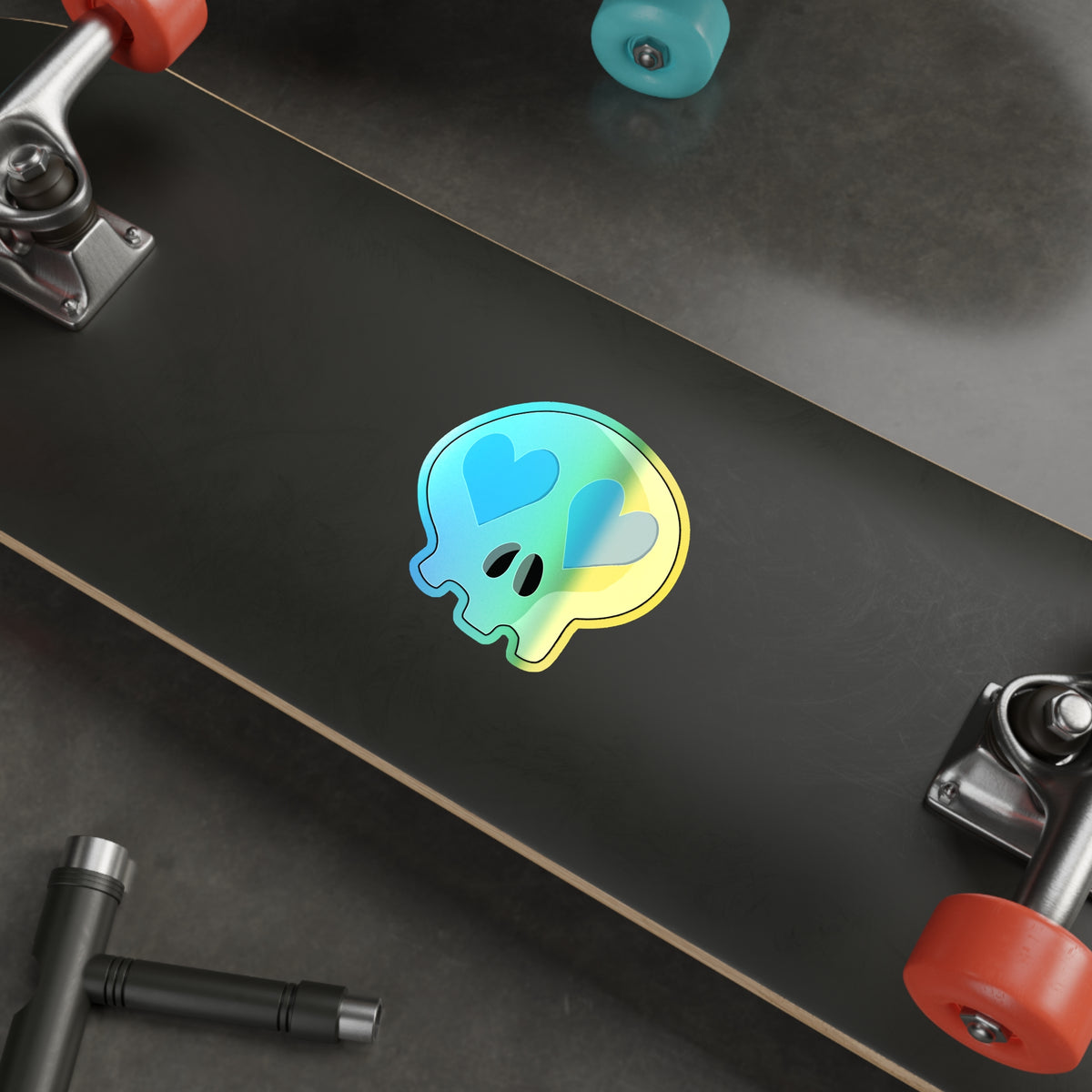 Heart-Eyes Skull Holographic Sticker (Blue)