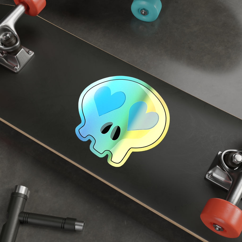 Heart-Eyes Skull Holographic Sticker (Blue)