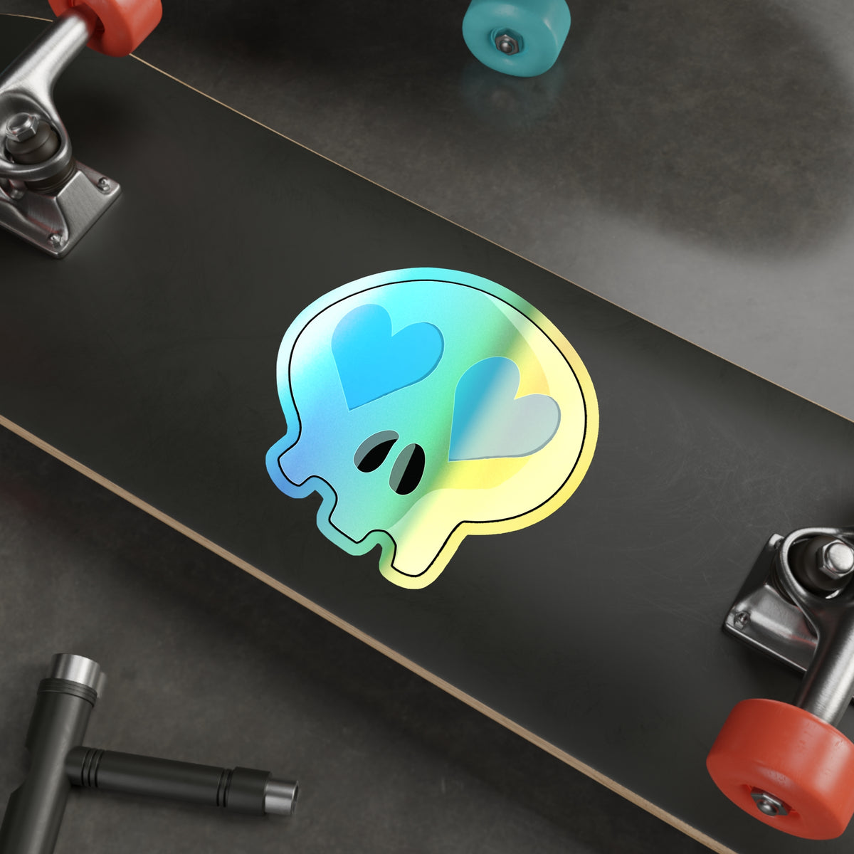 Heart-Eyes Skull Holographic Sticker (Blue)
