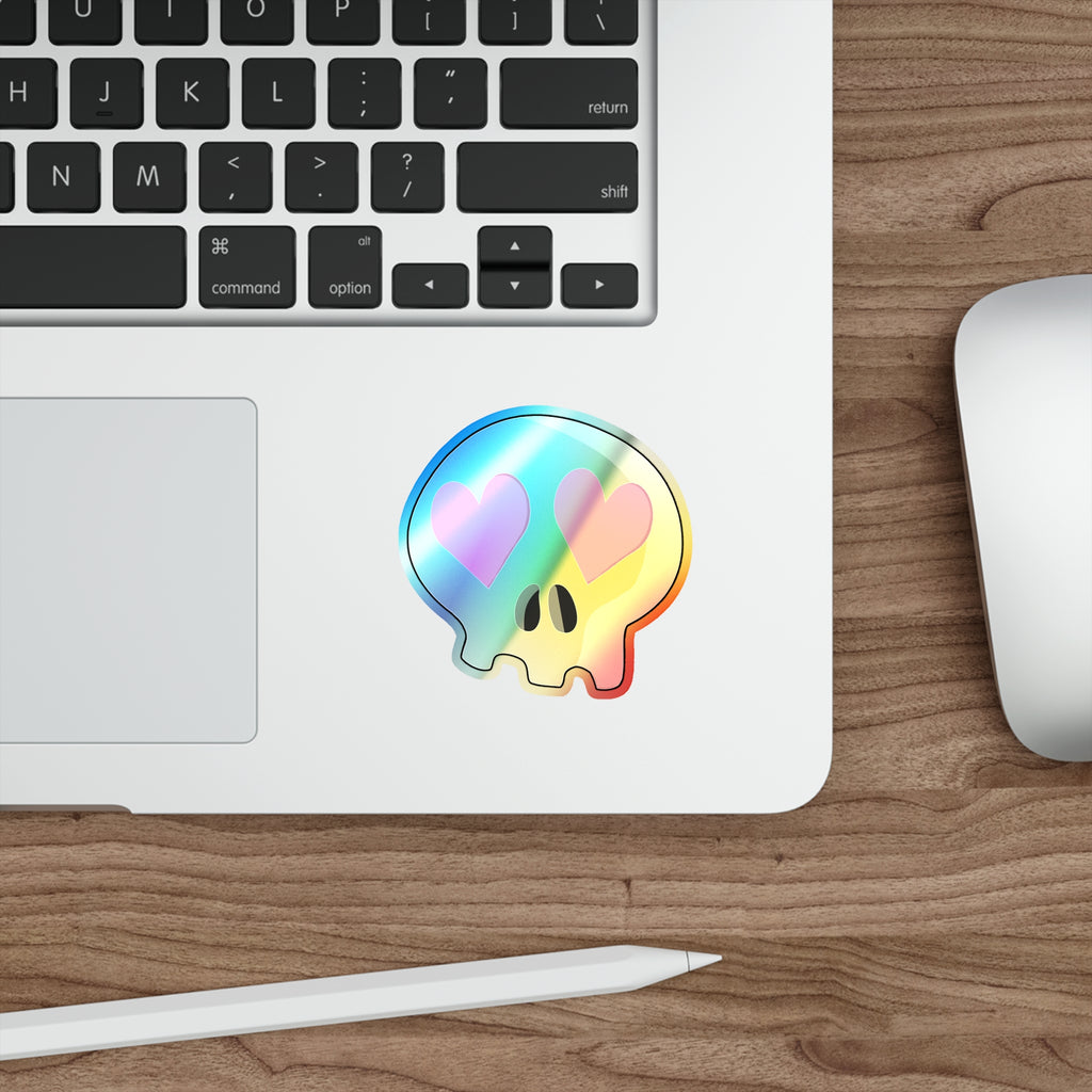 Heart-Eyes Skull Holographic Sticker (Pink)