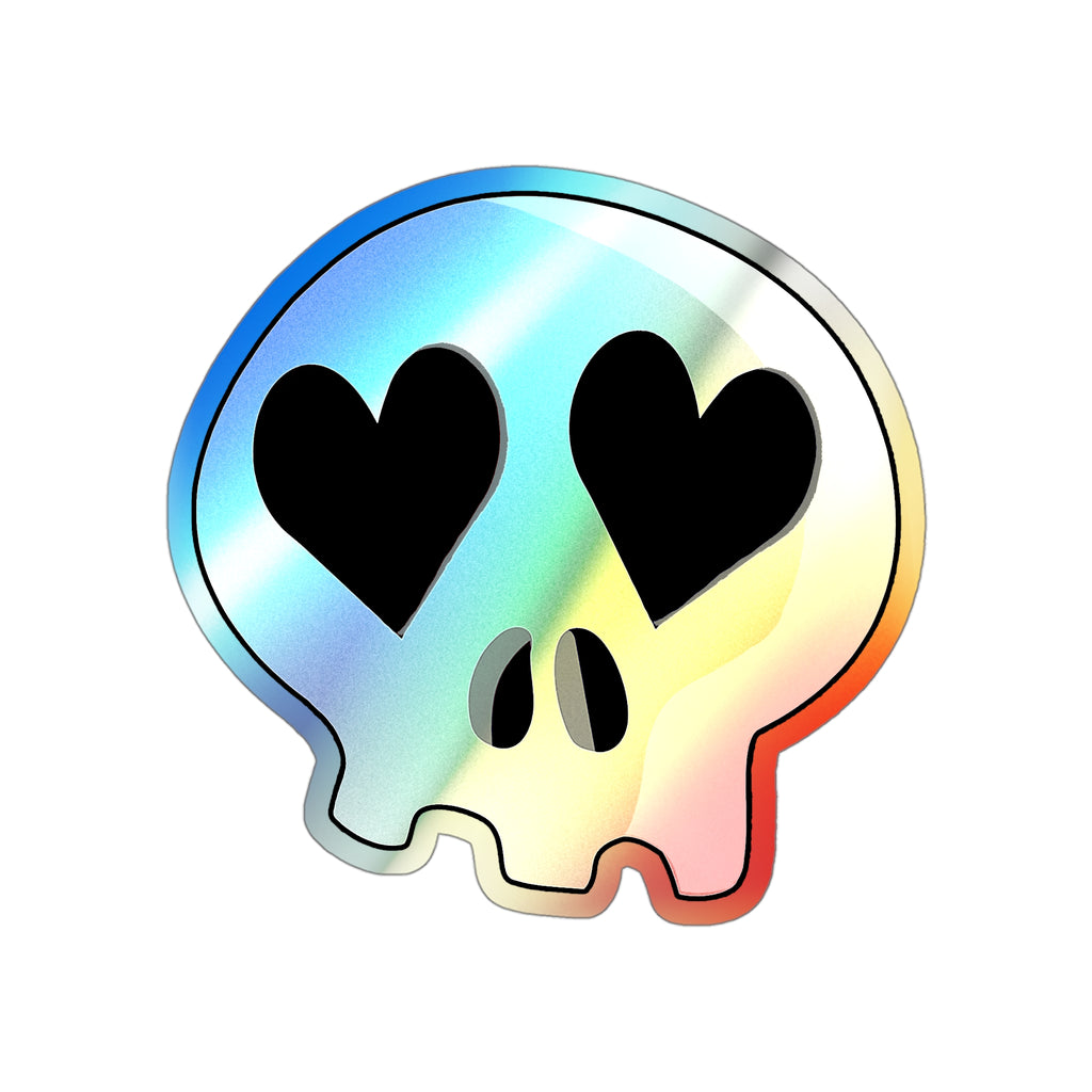 Heart-Eyes Skull Holographic Sticker (Black)