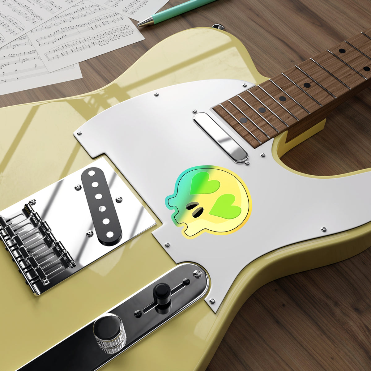 Heart-Eyes Skull Holographic Sticker (Green)