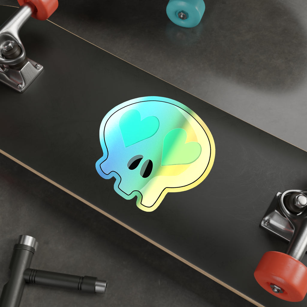 Heart-Eyes Skull Holographic Sticker (Teal)