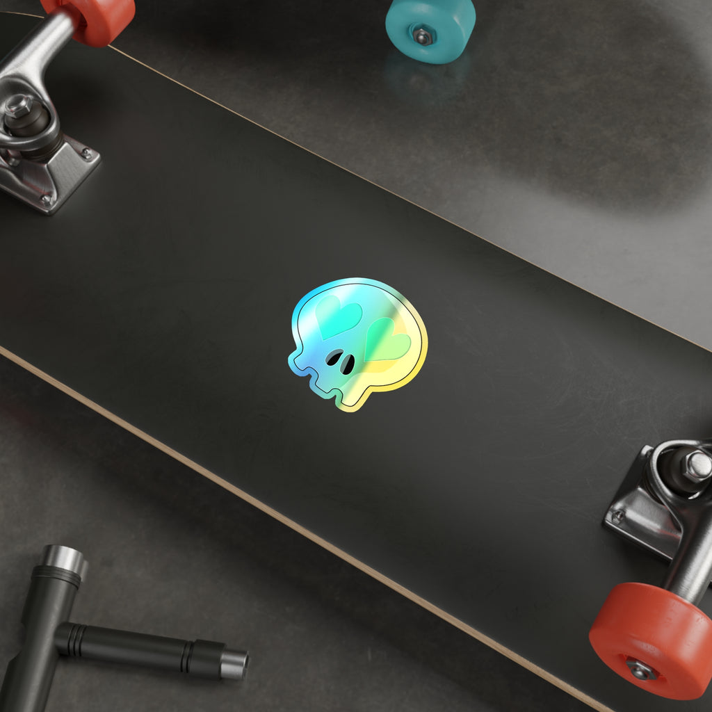Heart-Eyes Skull Holographic Sticker (Teal)
