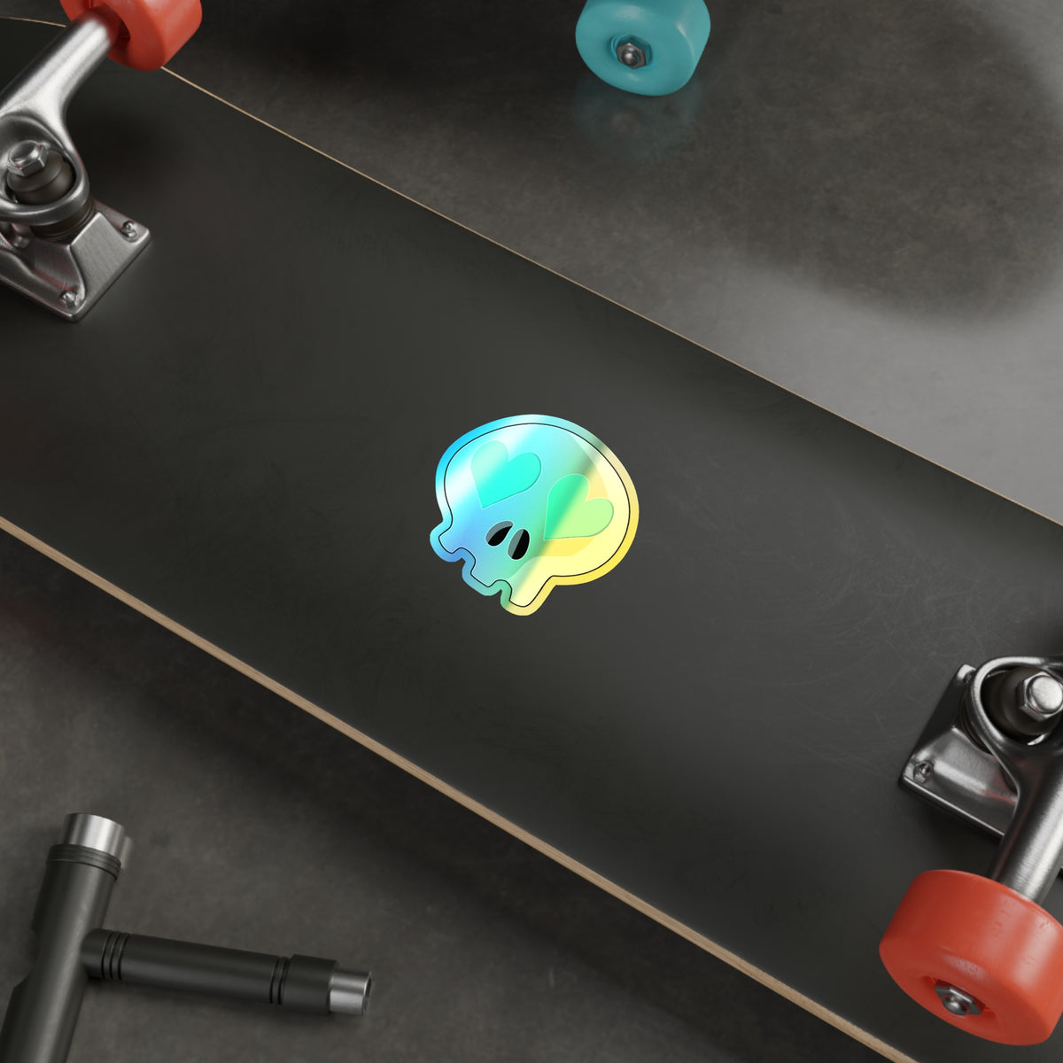 Heart-Eyes Skull Holographic Sticker (Teal)