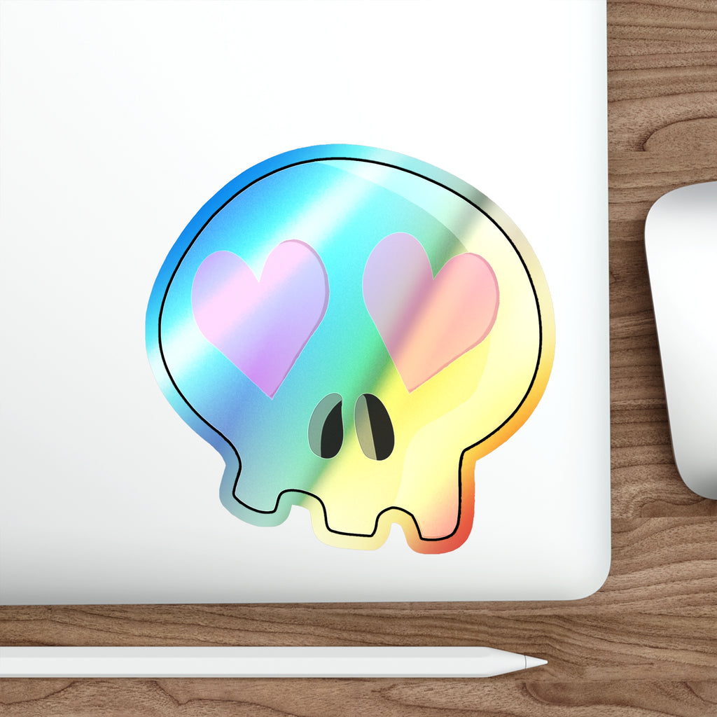 Heart-Eyes Skull Holographic Sticker (Pink)
