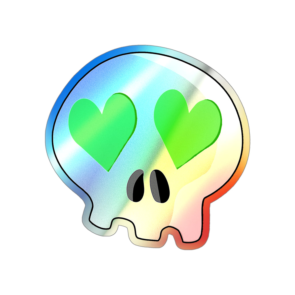 Heart-Eyes Skull Holographic Sticker (Green)