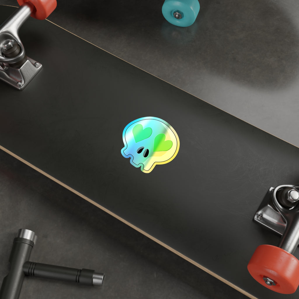 Heart-Eyes Skull Holographic Sticker (Green)