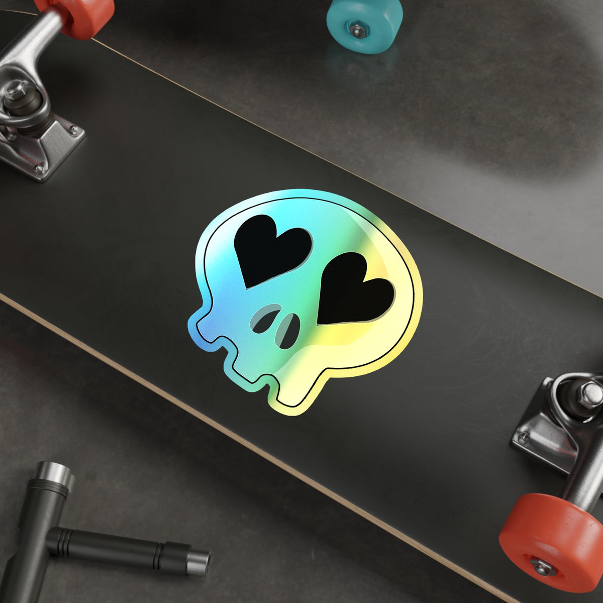 Heart-Eyes Skull Holographic Sticker (Black)