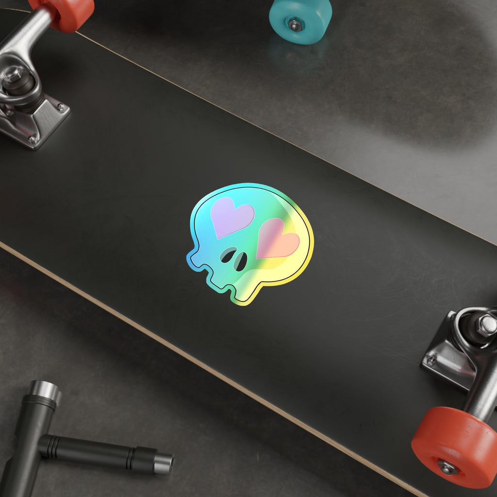 Heart-Eyes Skull Holographic Sticker (Pink)