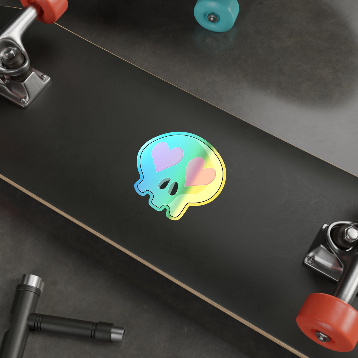 Heart-Eyes Skull Holographic Sticker (Pink)