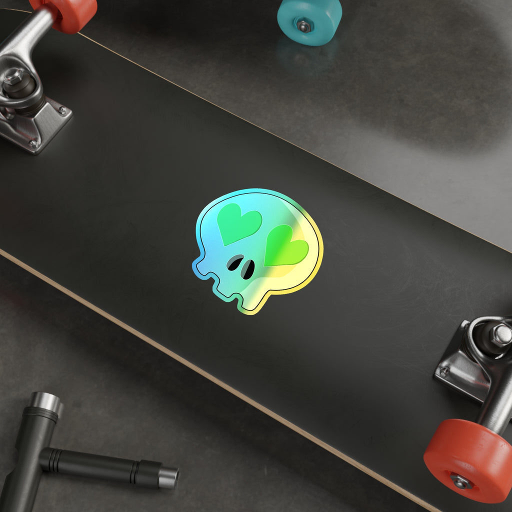 Heart-Eyes Skull Holographic Sticker (Green)
