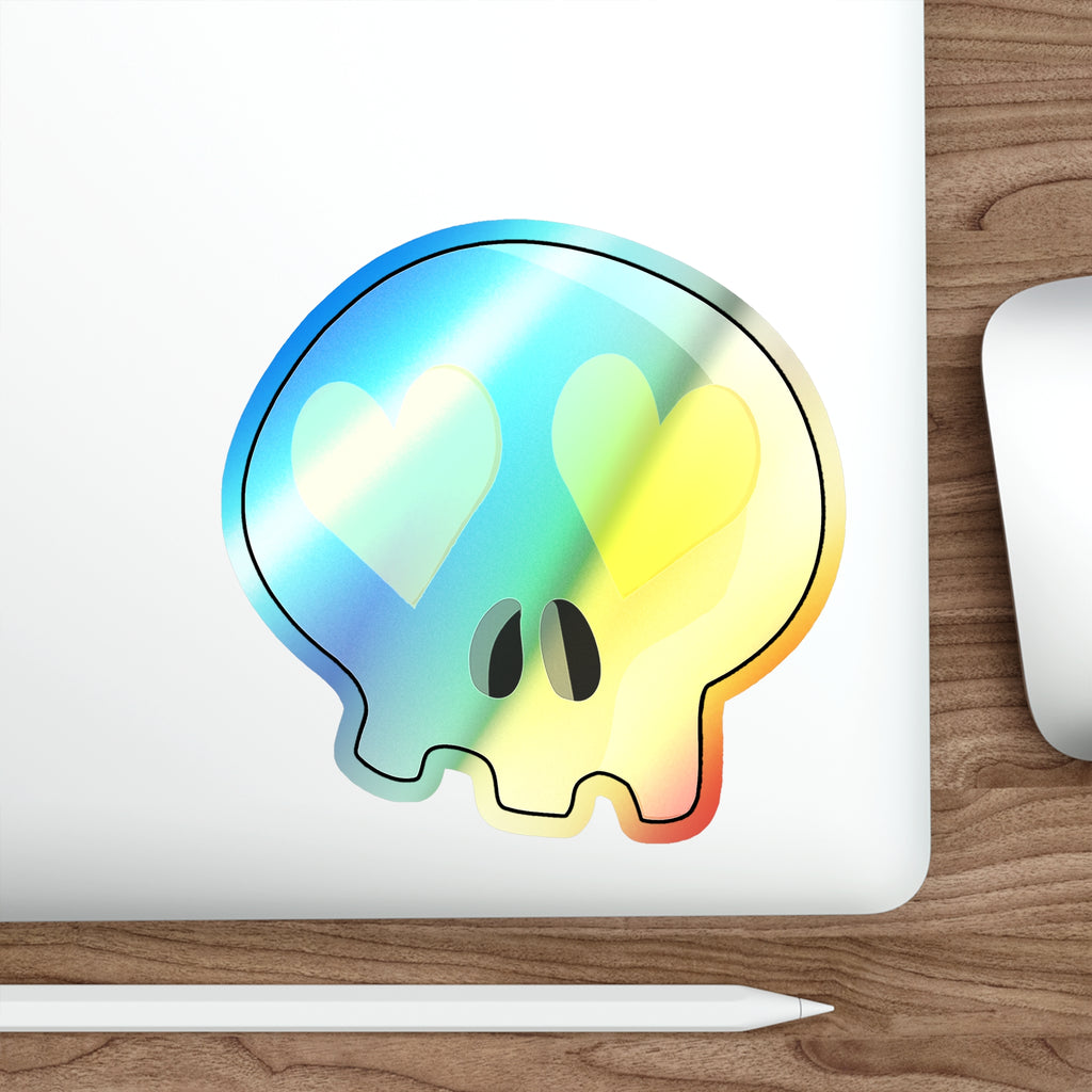 Heart-Eyes Skull Holographic Sticker (Yellow)