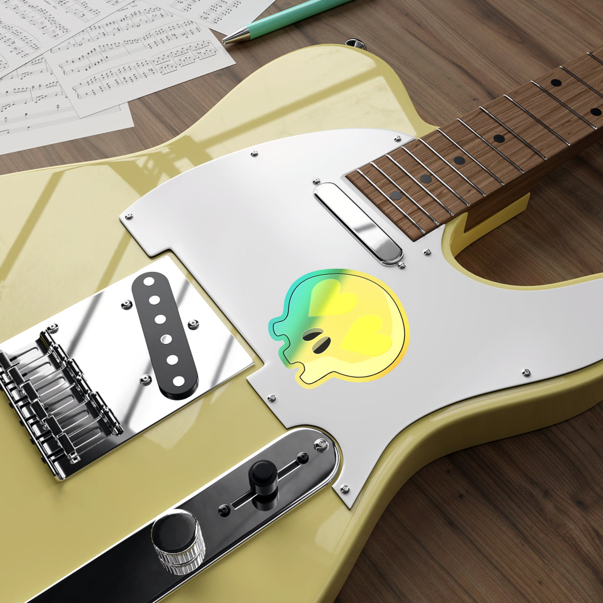 Heart-Eyes Skull Holographic Sticker (Yellow)