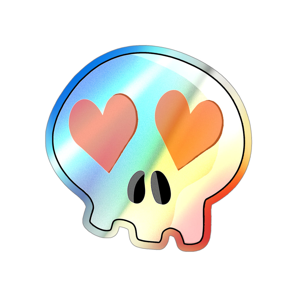 Heart-Eyes Skull Holographic Sticker (Orange)
